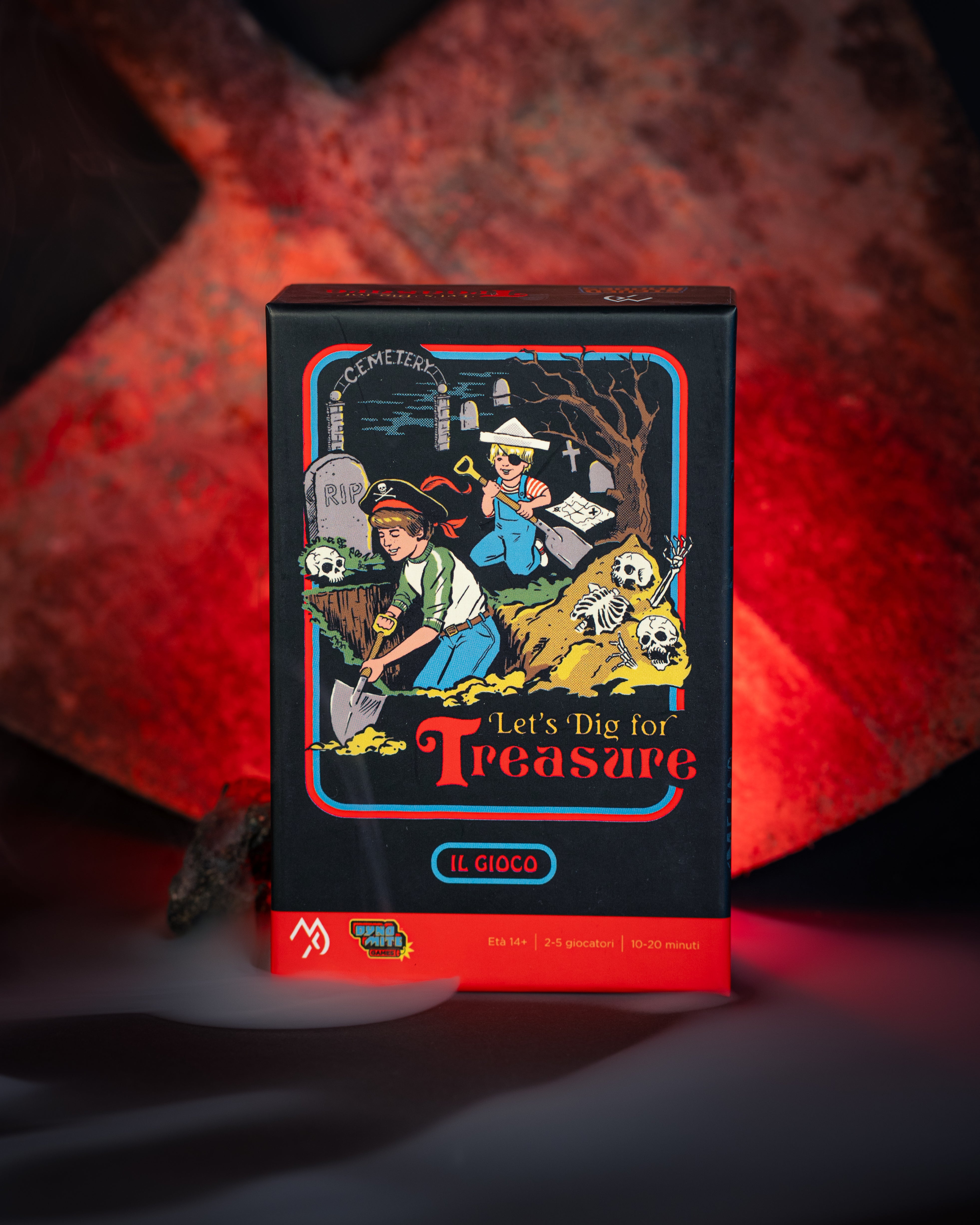 Scatola di Let's Dig for Treasure, party game al cimitero con illustrazioni di Steven Rhodes, edizione italiana