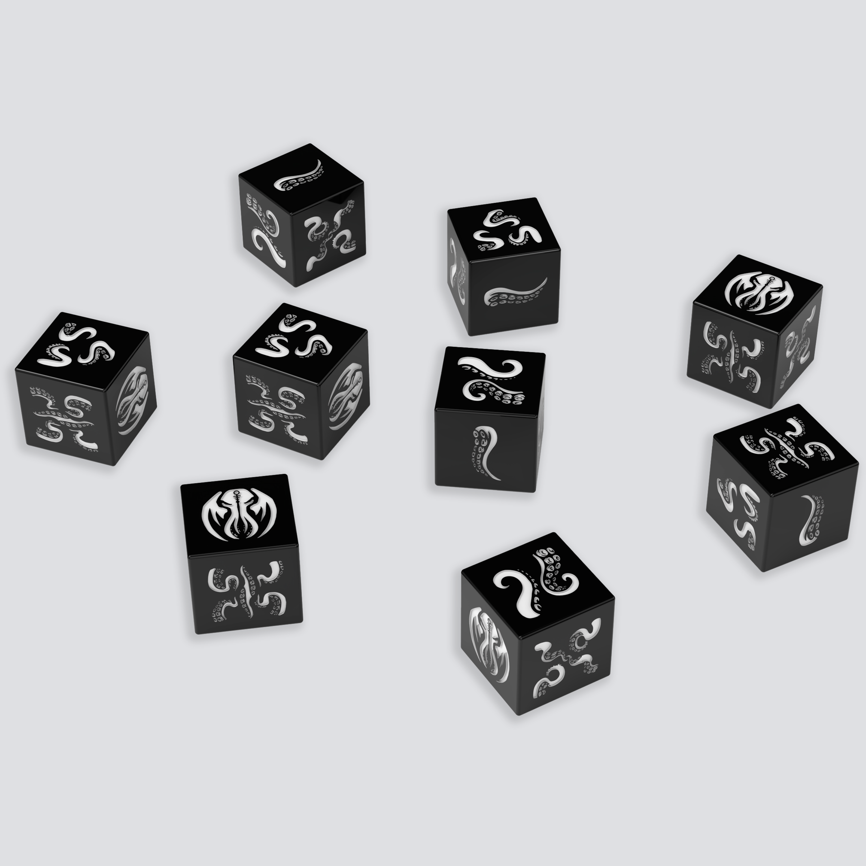 Elder Mythos custom dice set — nine black d6 with white ink