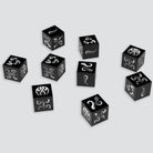 Elder Mythos custom dice set — nine black d6 with white ink